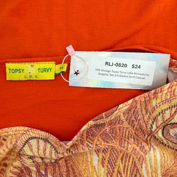 Y2K Vintage Topsy Turvy USA Rhinestone Graphic Tee 3/4 Sleeve Sz M Casual - Picture 5 of 6